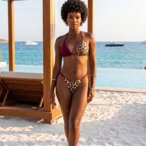 Bikini Asimétrico "Dualidad" en Borgoña y Leopardo